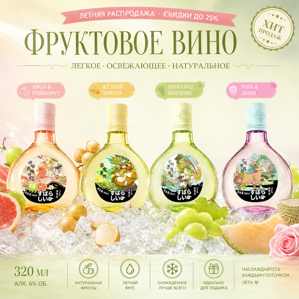 Фруктово-цветочное вино «Тай Бэн Тай», крепость 6%, 4 вкуса