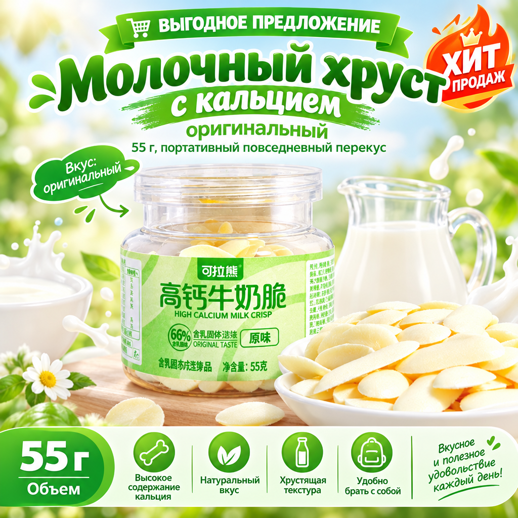 Молочный хруст с кальцием оригинальный 55 г, портативный повседневный перекус