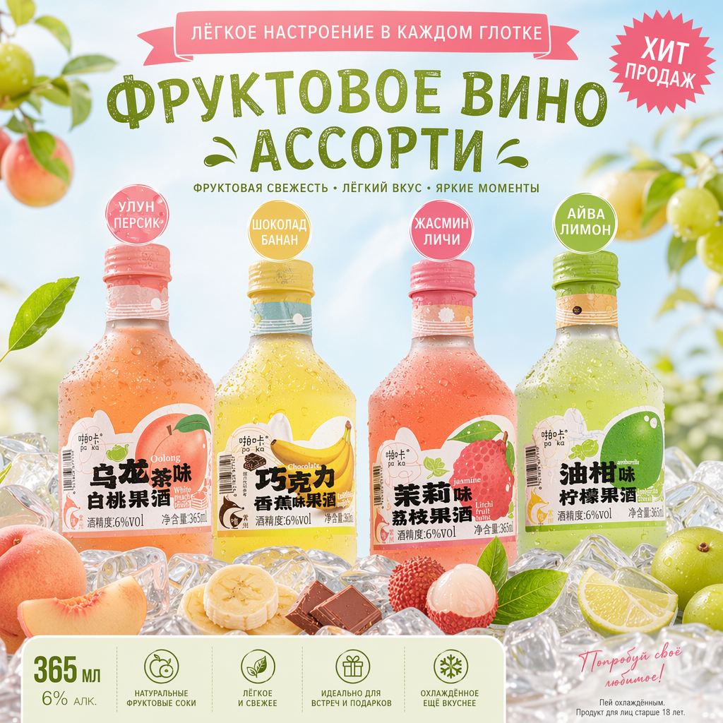 Фруктовое вино серии «Па Ка» в бутылке со скошенным плечом, крепость 6%, четыре вкуса, объем бутылки 365 мл