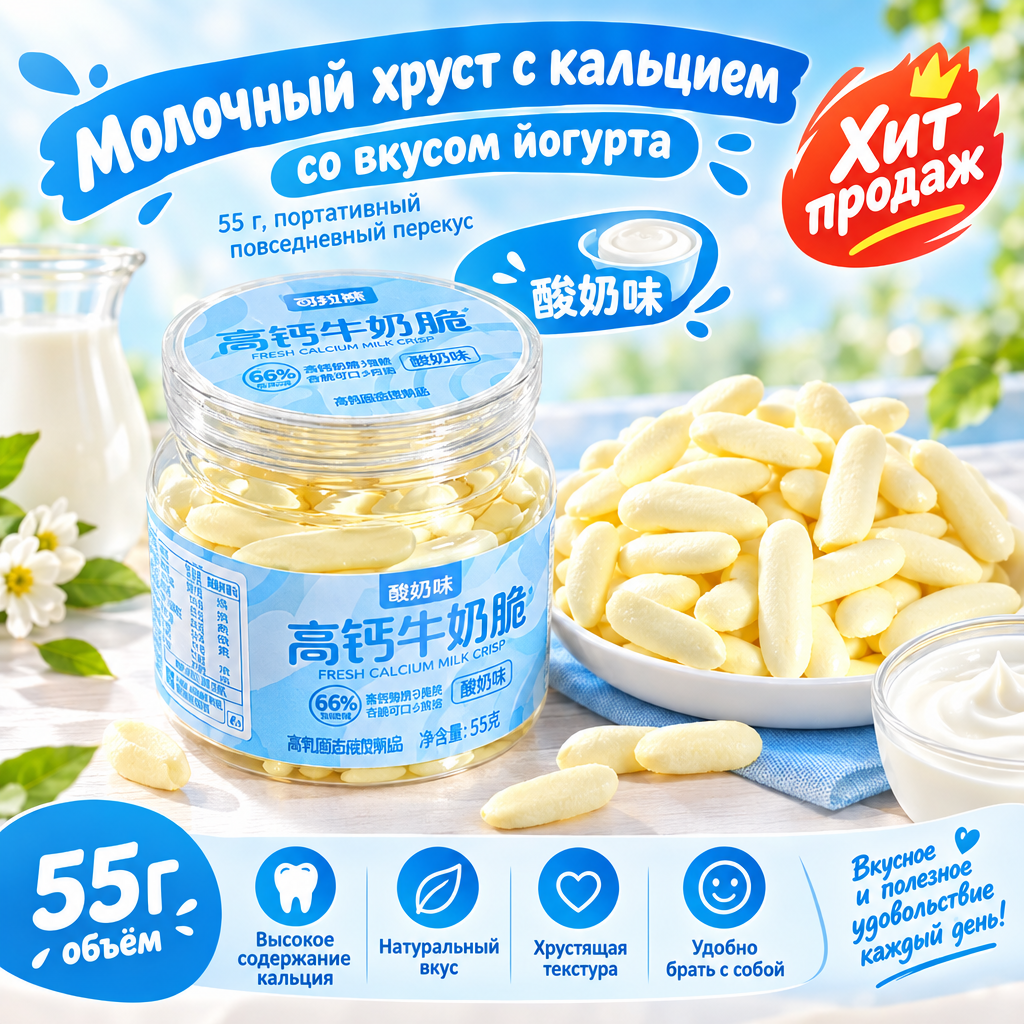 Молочный хруст с кальцием со вкусом йогурта 55 г, портативный повседневный перекус