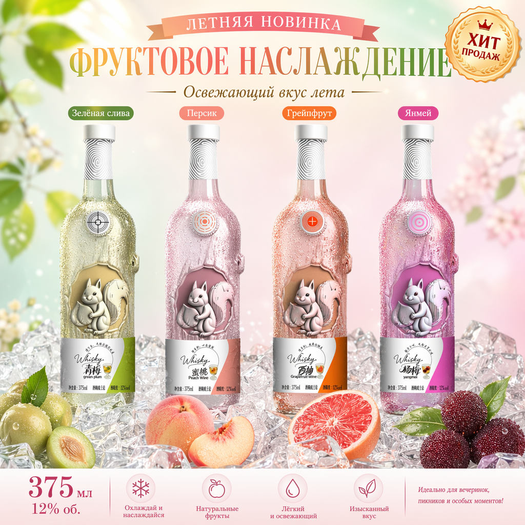 Фруктовое вино «Тай Бэн Тай», серия Белка, крепость 12%, четыре вкуса, объем одной бутылки 375 мл, срок годности 30 месяцев