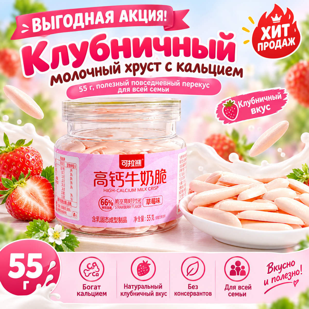 Клубничный молочный хруст с кальцием 55 г, полезный повседневный перекус для всей семьи