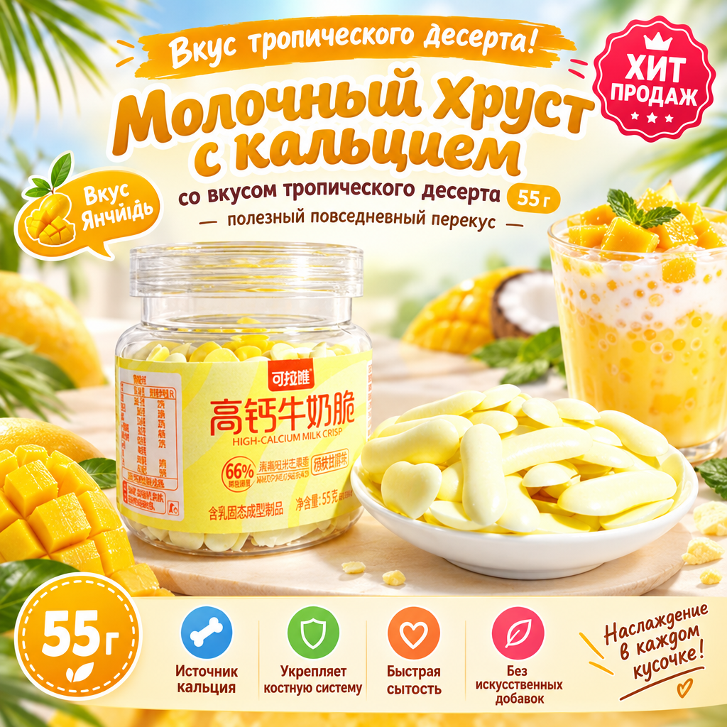 Молочный хруст с кальцием со вкусом тропического десерта 55 г, полезный повседневный перекус