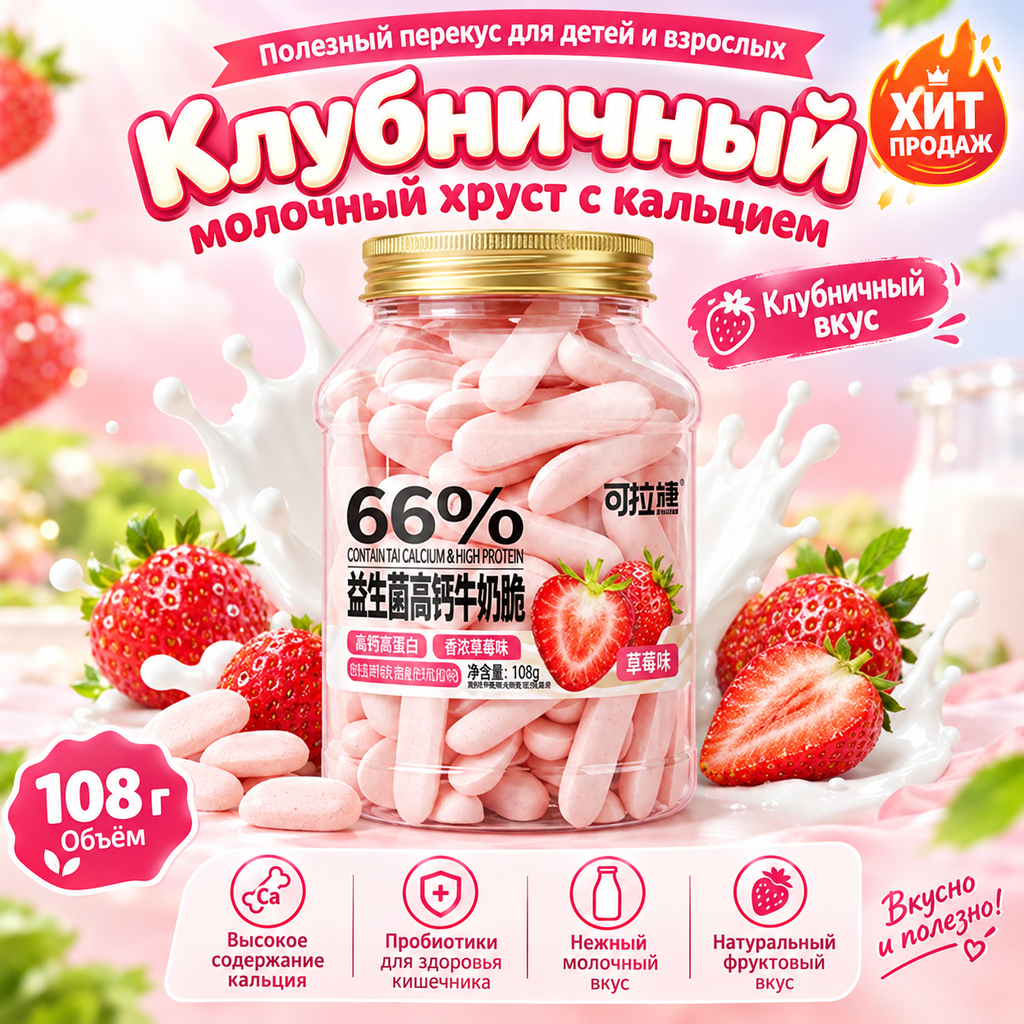Клубничный молочный хруст с кальцием 108 г, полезный перекус для детей и взрослых